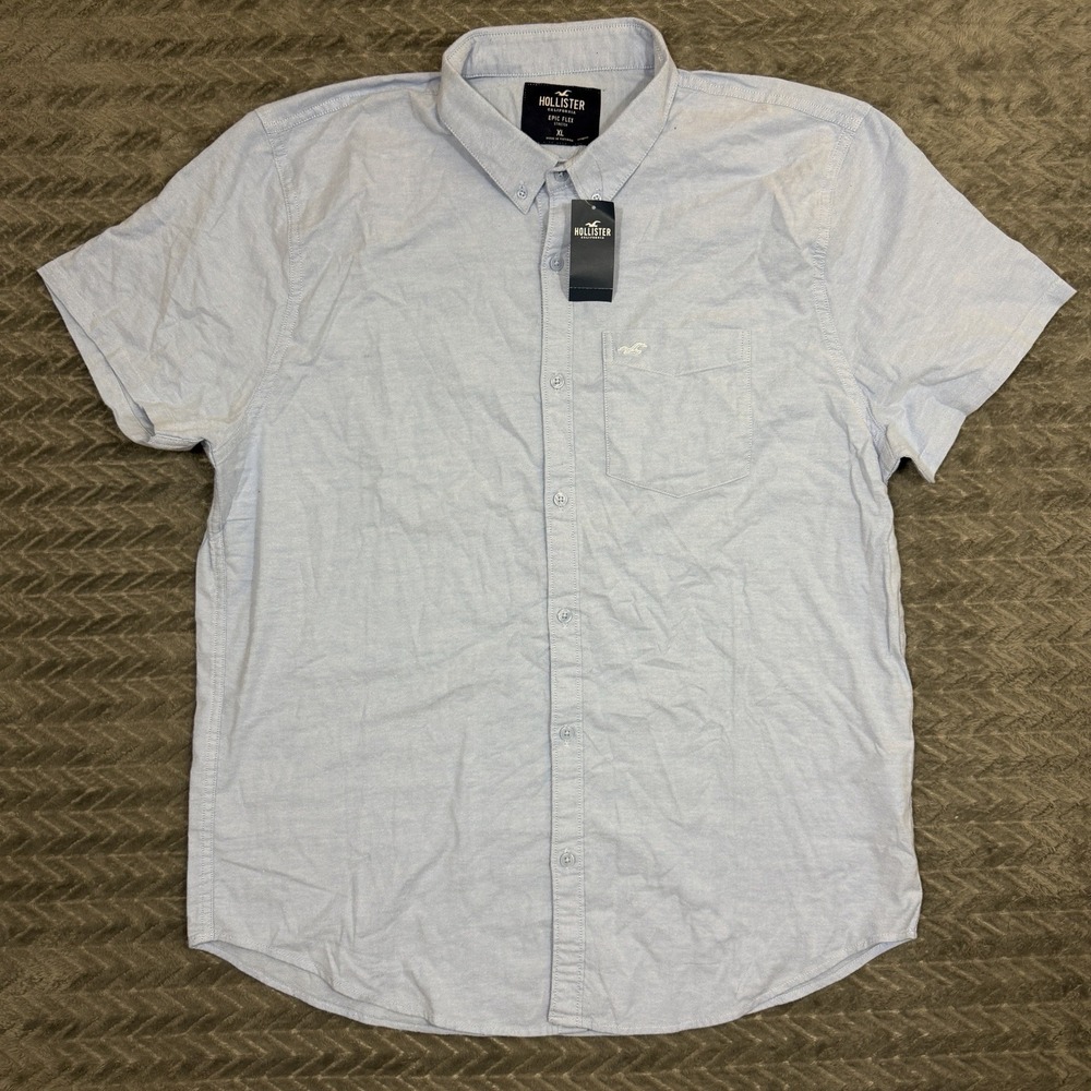 New Hollister Epic Flex Stretch shirt XL Short Sleeve Button Up Shirt Blue Prepp